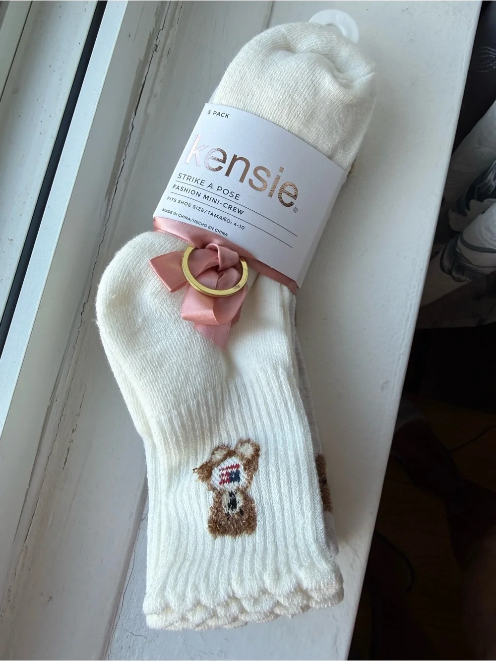 Kensi Cream Women’s Mini-Crew Socks with Pink Bow and Teddy Embroidery